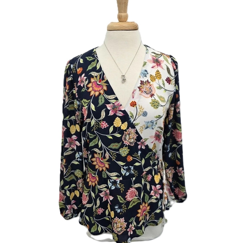 LOFT Womens M Navy Floral Wrap Tie Waist‎ Long Sleeve Peplum Blouse Boho Chic